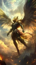 Winged armored humanoid figure stands over burning landscape