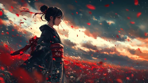Female figure in kimono standing in red flower field at dusk.