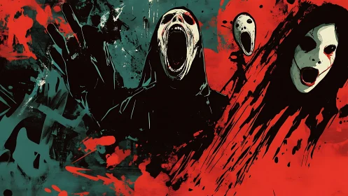 Hooded screaming figures in abstract red and teal horror art.