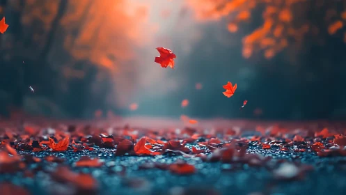 Crimson autumn leaves drift softly above a misty wet road