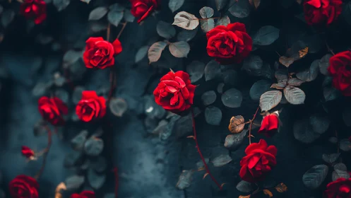 Red roses against dark foliage in natural light.