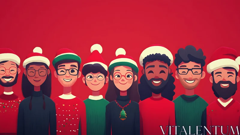 Illustrated group portrait shows people in holiday clothing