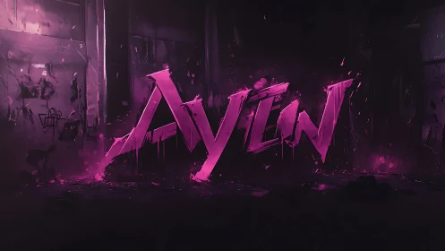 Neon pink Aylen graffiti text glows in dark urban space
