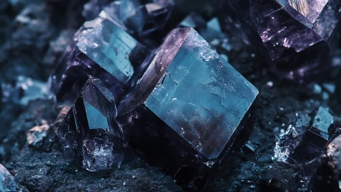 Macro view of blue violet crystal cluster in dark matrix.