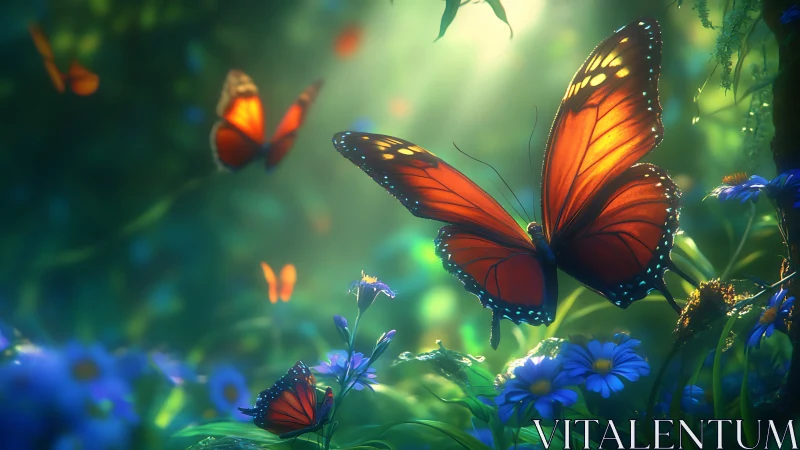 Orange butterflies over blue flowers in soft forest light.