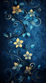 Ornamental Botanical Scrollwork on Deep Blue Textured Background.