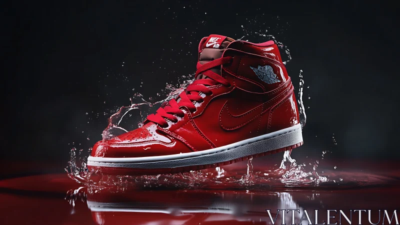 Red high-top sneaker captured mid-splash in dark studio