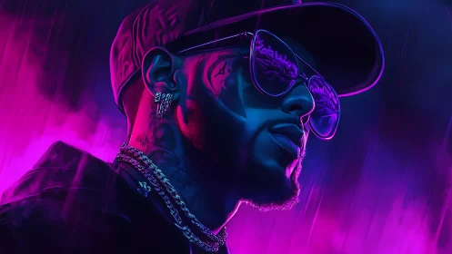 Neon-lit rapper portrait in vibrant cyberpunk glow.