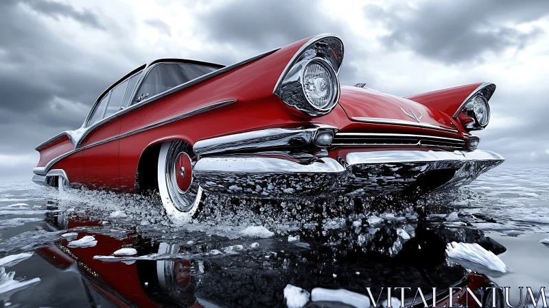 Red classic car driving through shallow icy water scene.