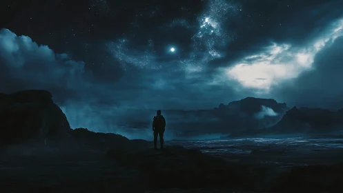 Solitary figure under star field on misted coastal terrain.