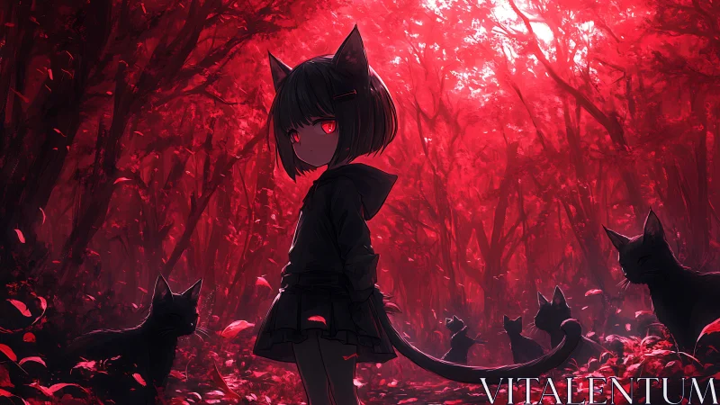 Anime catgirl in crimson forest with silhouetted felines focus.