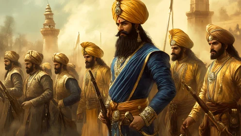 Regal Sikh warriors stand united in golden morning light