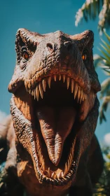 Sunlit T rex roar fills the frame with prehistoric fury.