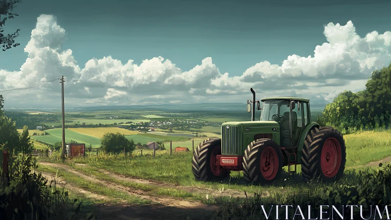 Green tractor stands on rural dirt track above farmlands