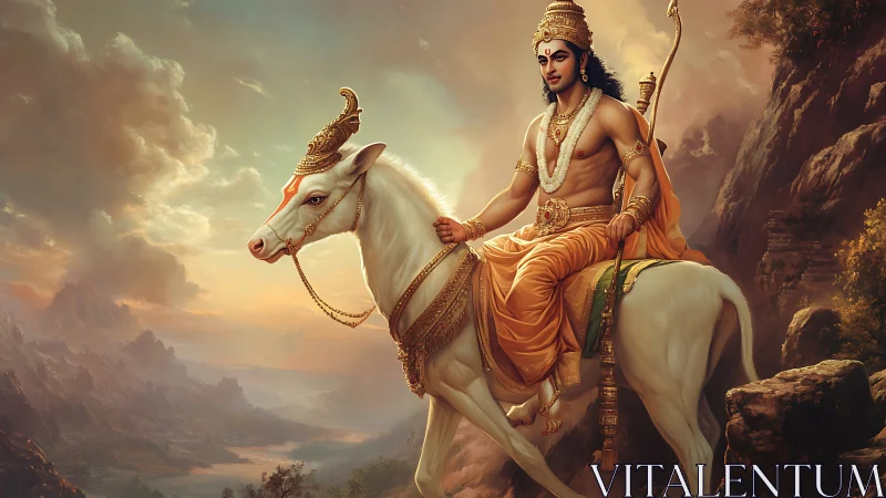 Divine warrior on white horse in mythic mountain landscape.