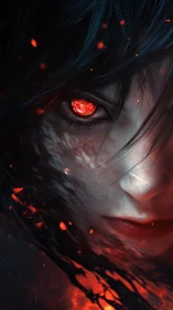 Female face with glowing red eye framed by dark flowing hair