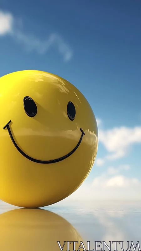 Huge yellow smiley sphere under clear blue sky.