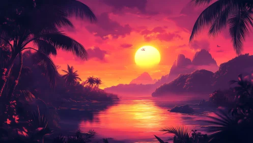 Digital tropical bay sunset with silhouetted palm trees
