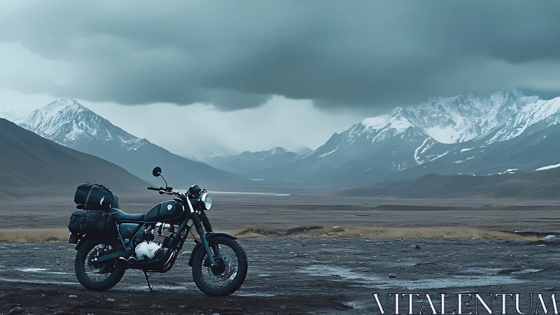 Photorealistic touring motorcycle in glacial valley landscape.