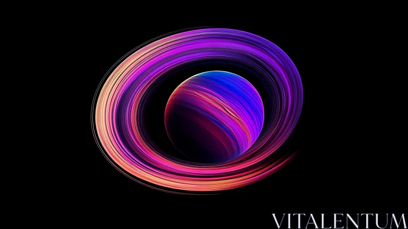 Neon gradient planet with elliptical light trails on black