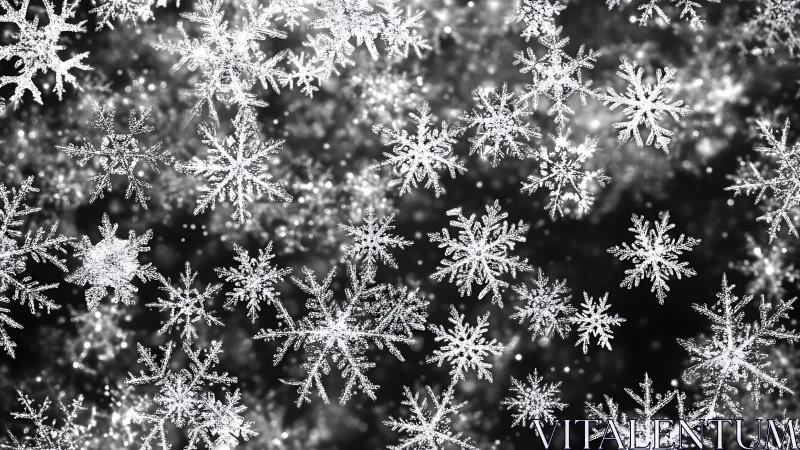 Glistening macro snowflakes suspended in soft winter bokeh.