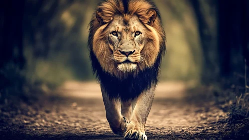 Male lion walks forward on dirt path in shallow depth of field