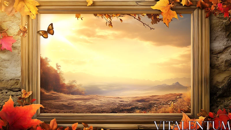 Framed autumn valley at glowing golden sunset horizon.