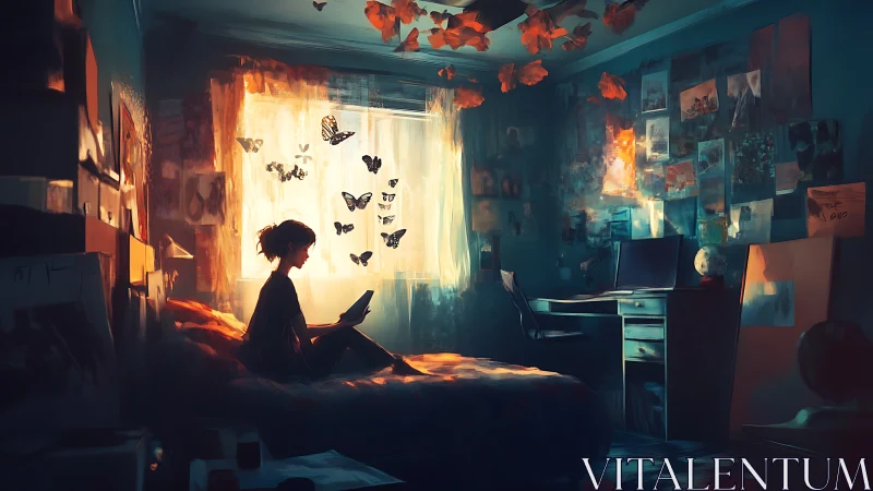 Girl reads in glowing bedroom as butterflies emerge from light.