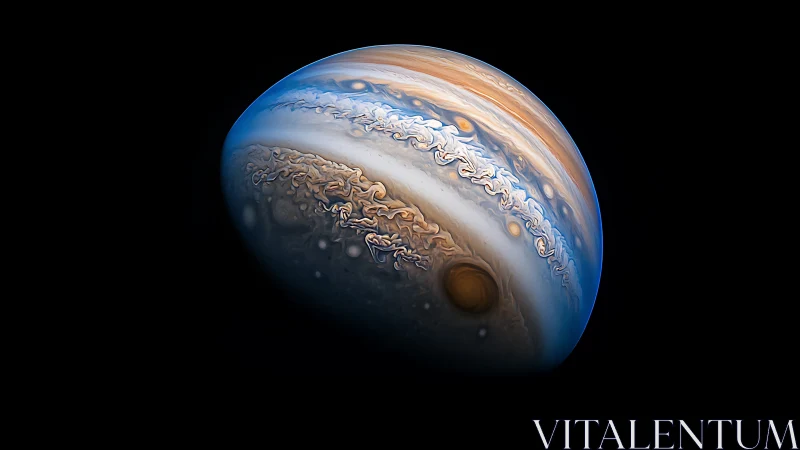 Jupiter&rsquo;s swirling clouds painted in rich blue and gold hues.