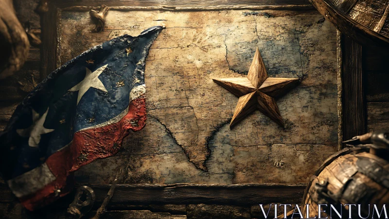 Weathered Texas map supports rustic star and worn flag