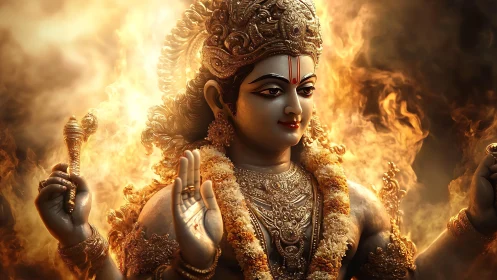 Divine Hindu deity statue wreathed in golden sacred fire.