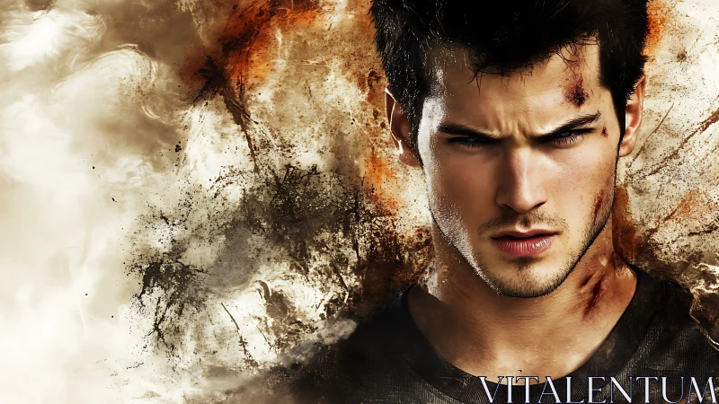 Battle-worn young man stares forward amid dust and smoke