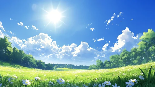 Sunlit flower meadow under expansive summer sky.