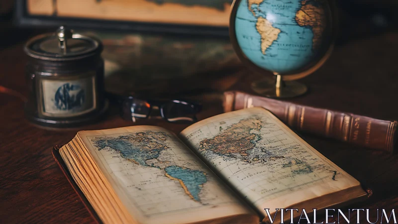 Antique atlas and globe arranged in warm archival lighting