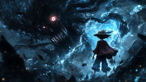 Straw-hatted figure confronts enormous glowing-eyed shadow creature