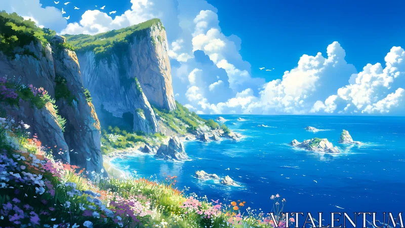 Seaside Cliffs with Wildflower Meadow Overlooking Ocean.