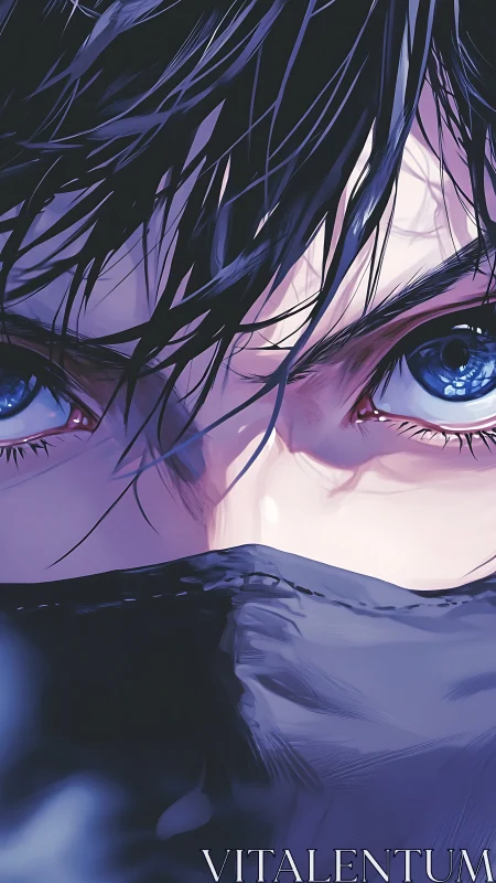 Intense blue-eyed gaze framed by wet hair in close-up anime portrait