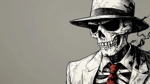 Skeletal noir detective in suit, hat and smoke plumes rendered precisely.