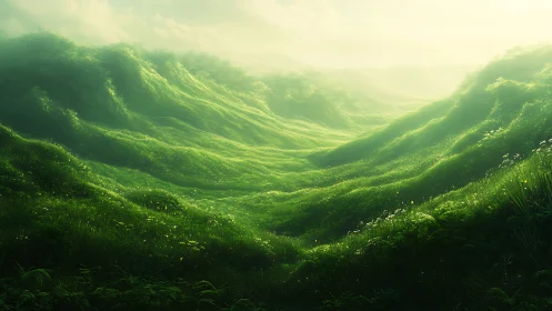 Sunlit emerald hills gently rolling into soft morning mist.