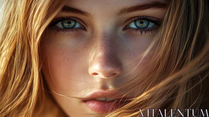 Intense close-up portrait with golden hair and blue eyes.