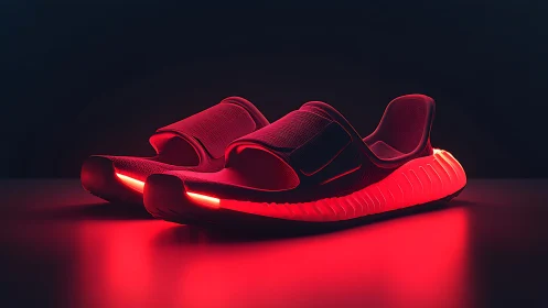 Luminous red ergonomic sandals with integrated LED sole system.