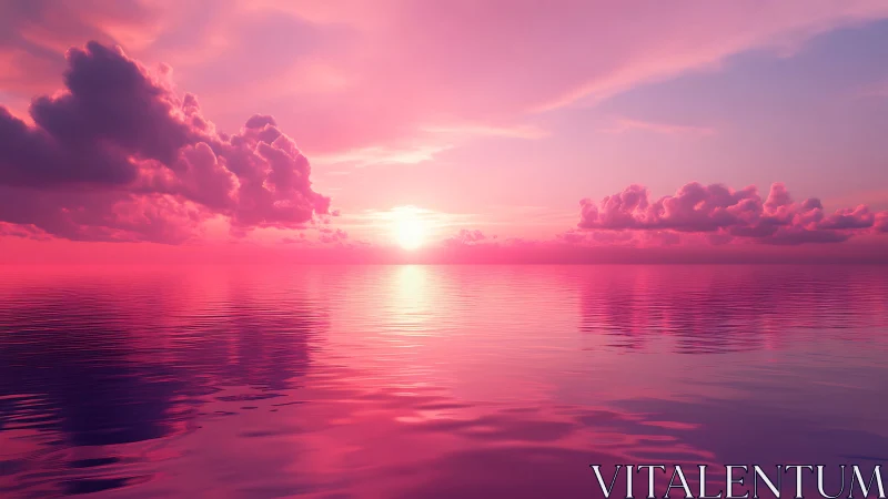 Chromatic magenta seascape with volumetric clouds at sunset.