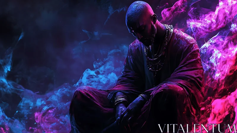 Mystic figure resting in glowing pink and blue dreamscape.