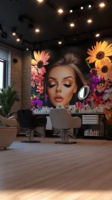Modern hair salon interior with bold floral mural wall art.