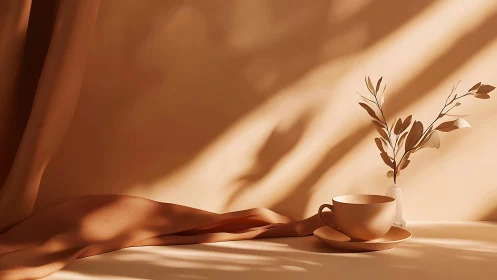 Monochrome ceramic teacup still life in golden side light.