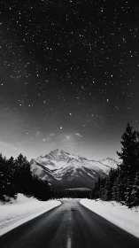 Snow-covered mountain road extends beneath dense star field