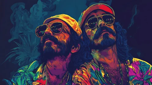 Colorful stylized portrait of two men in tropical shirts.
