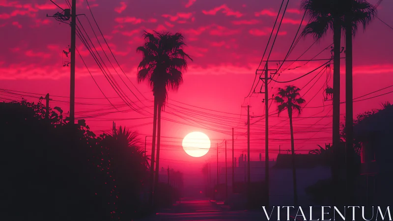 Neon pink sunset over palm lined power line street.