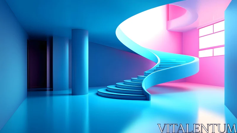 Futuristic spiral staircase in neon-lit modern minimalist interior.