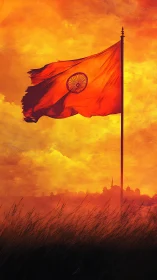 Indian flag silhouette against blazing sunset sky.